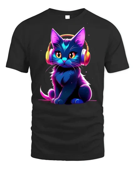 Neon Cat T-shirt with Headphones Graphic Art - black t-shirt on white background