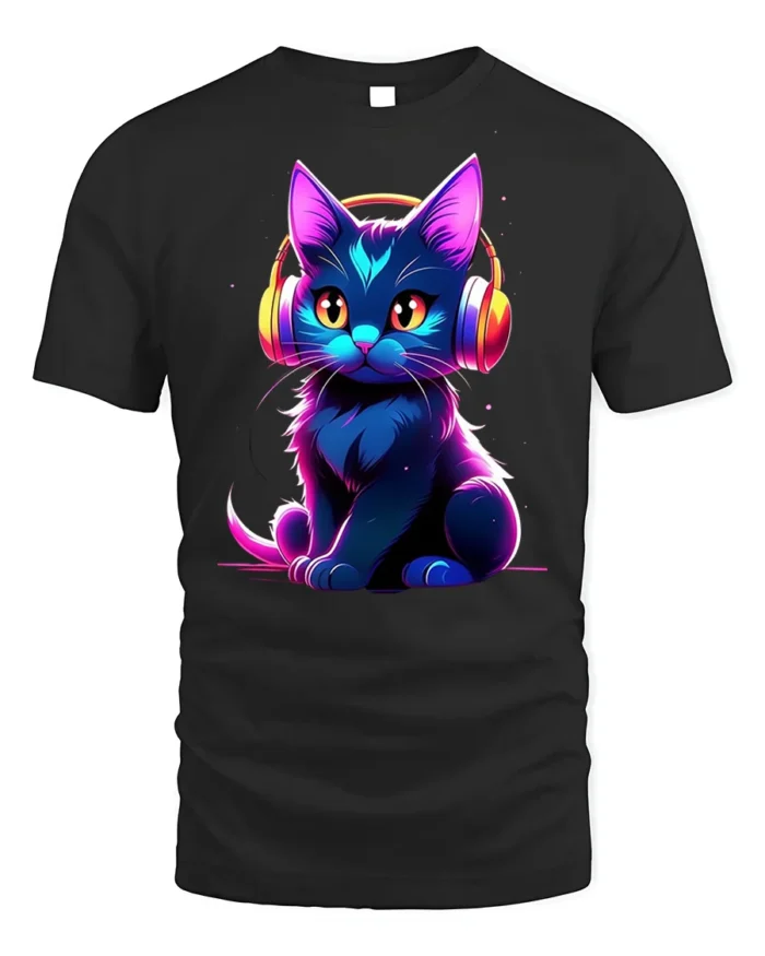 Neon Cat T-shirt with Headphones Graphic Art - black t-shirt on white background