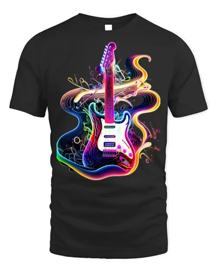 Neon Electric Guitar T-shirt with Vibe Swirl Art - black t-shirt on white background