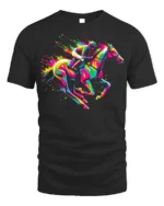 Colorful Horse Racing T-shirt with Neon Art - black t-shirt on white background