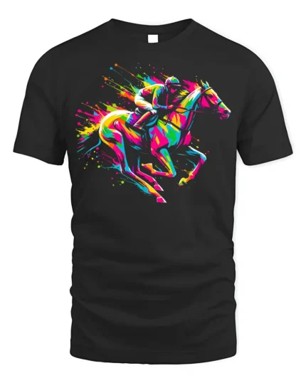 Colorful Horse Racing T-shirt with Neon Art - black t-shirt on white background
