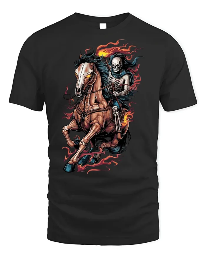 Flaming Skeleton Rider T-shirt with Dark Horse Art - black t-shirt on white background