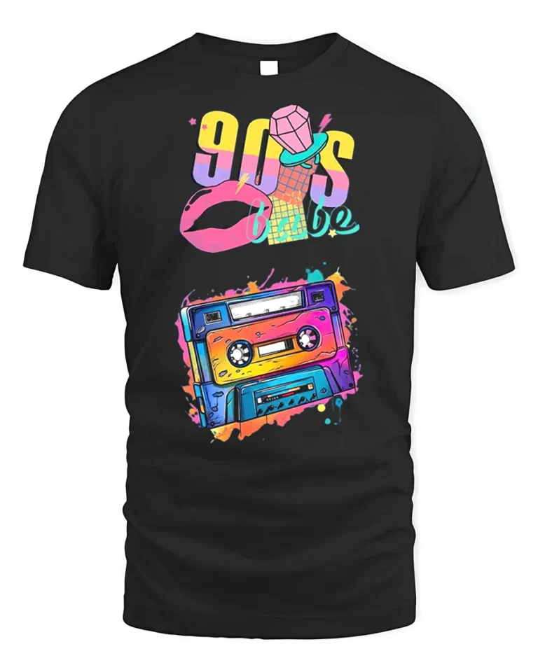 90s Cassette T-shirt with Retro Babe Vibe Art - black t-shirt on white background