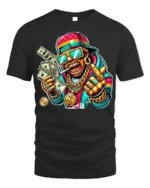 Cartoon Money Rapper T-shirt with Gold Bling Art - black t-shirt on white background