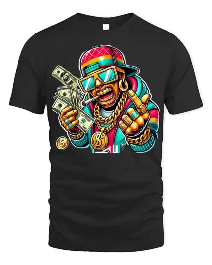 Cartoon Money Rapper T-shirt with Gold Bling Art - black t-shirt on white background