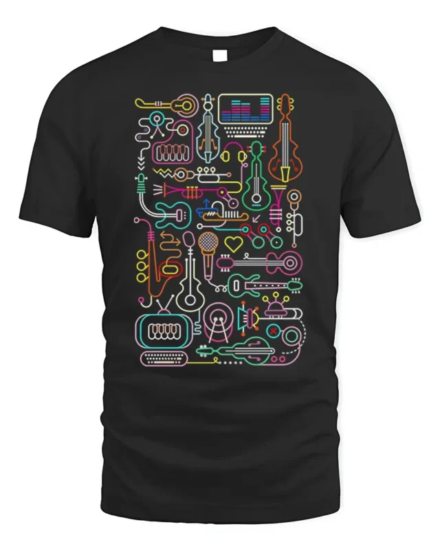Neon Music Instrument T-shirt with Line Art Design - black t-shirt on white background