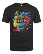 Colorful Cassette T-shirt with Music Note Splash - black t-shirt on white background