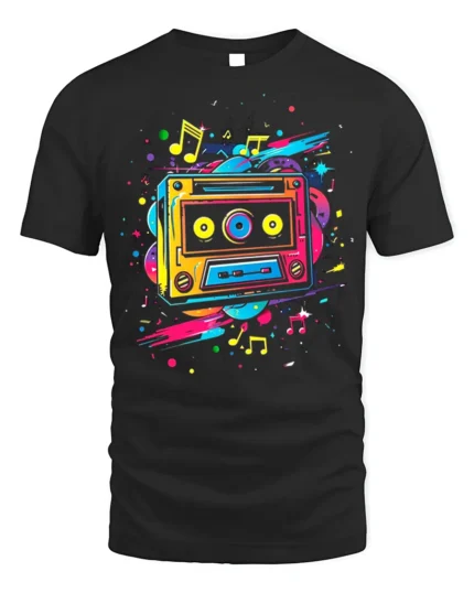 Colorful Cassette T-shirt with Music Note Splash - black t-shirt on white background