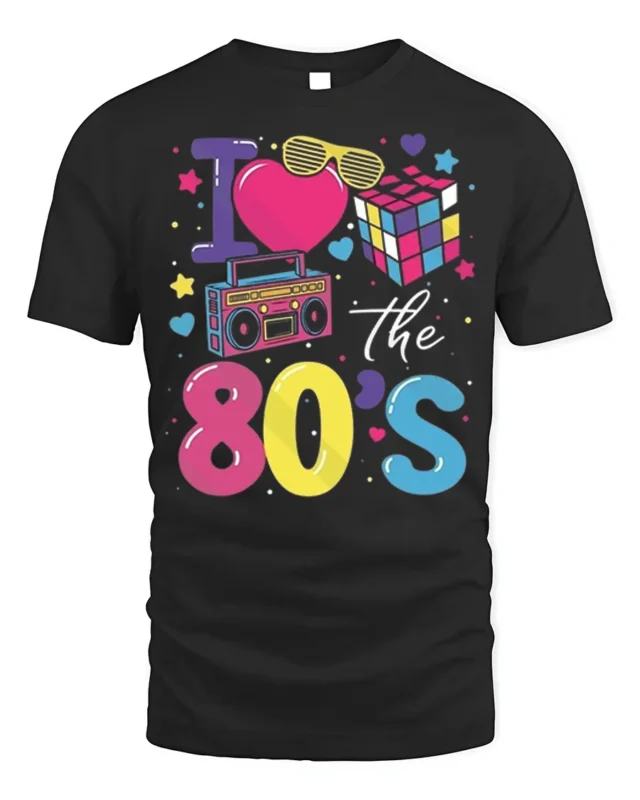 I Love the 80s T-shirt with Retro Icons Graphic - black t-shirt on white background