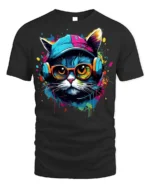Cool Hip Hop Cat T-shirt with Headphones - black t-shirt on white background