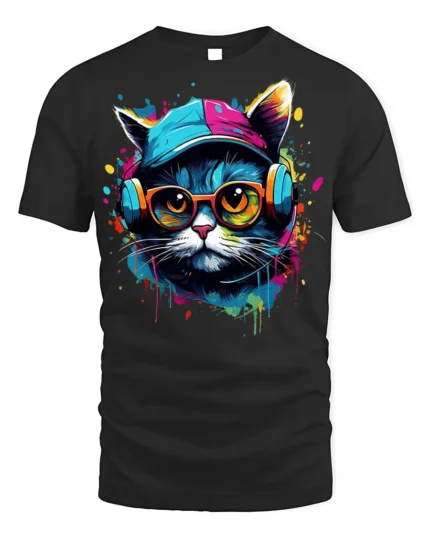 Cool Hip Hop Cat T-shirt with Headphones - black t-shirt on white background