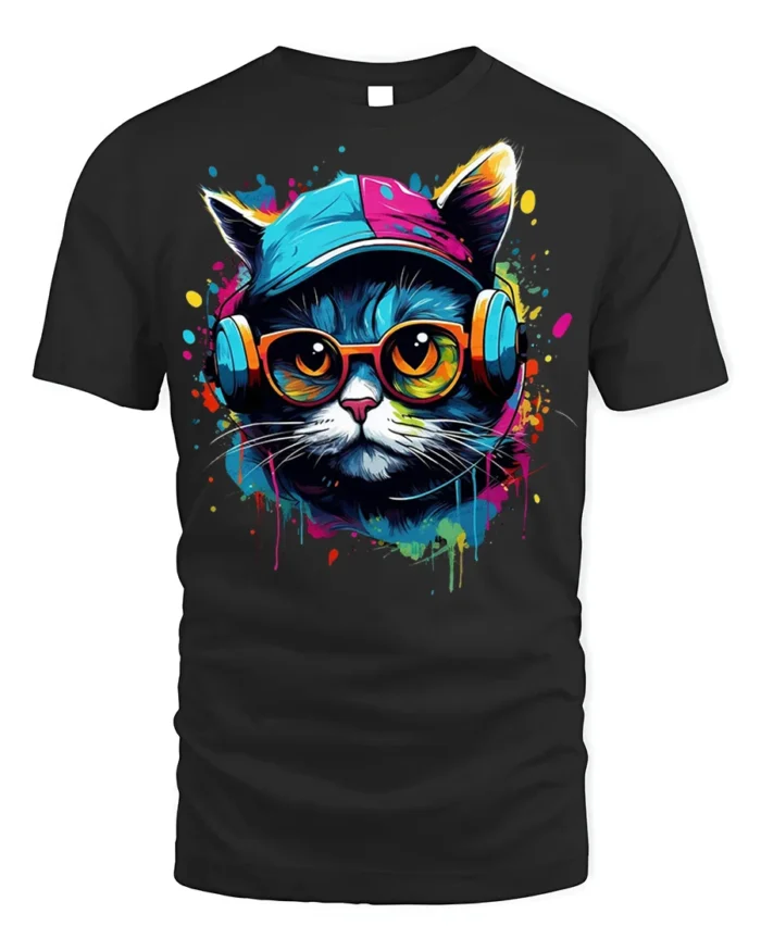 Cool Hip Hop Cat T-shirt with Headphones - black t-shirt on white background