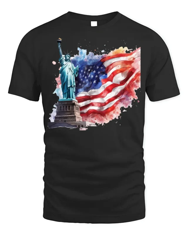 Statue of Liberty T-shirt with USA Flag Art - black t-shirt on white background