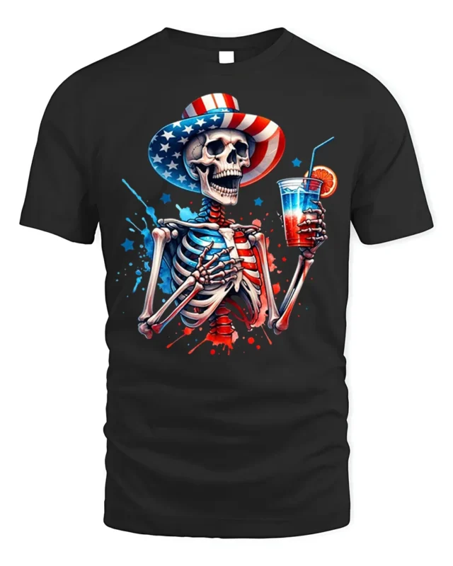 Patriotic Skeleton T-shirt with USA Drink Art - black t-shirt on white background