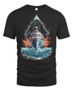 Navy Warship T-shirt with Ocean Battle Art - black t-shirt on white background