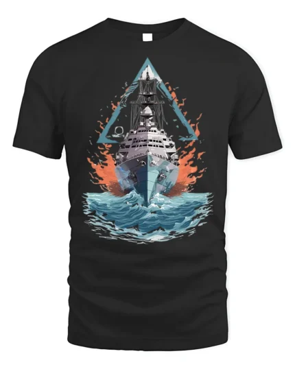Navy Warship T-shirt with Ocean Battle Art - black t-shirt on white background