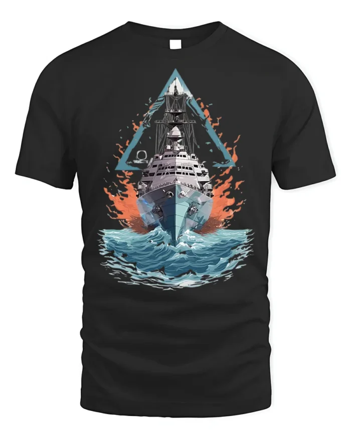 Navy Warship T-shirt with Ocean Battle Art - black t-shirt on white background