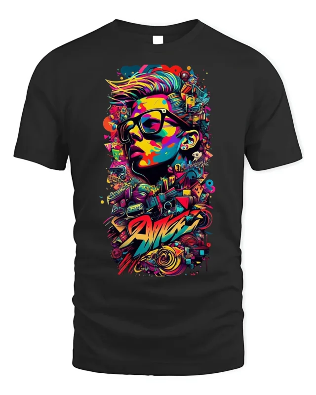 Colorful Street Art T-shirt with Urban Portrait - black t-shirt on white background