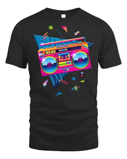 Retro Neon Boombox T-shirt with 80s Vibe Art - black t-shirt on white background