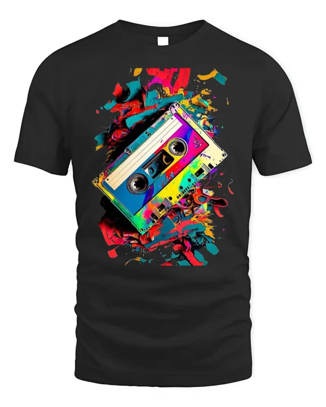 Retro Cassette Tape T-shirt with Color Splash Art - black t-shirt on white background