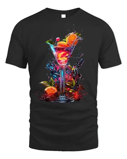 Vibrant Cocktail T-shirt with Tropical Drink Art - black t-shirt on white background