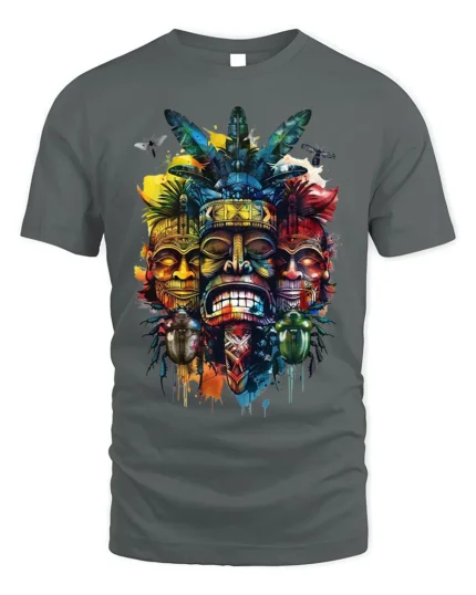 Tribal Mask T-shirt with Colorful Totem Art - gray t-shirt on white background