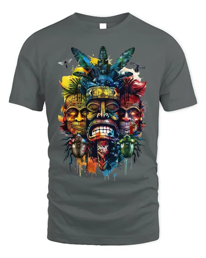 Tribal Mask T-shirt with Colorful Totem Art - gray t-shirt on white background