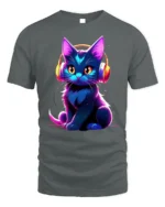 Neon Cat T-shirt with Headphones Graphic Art - gray t-shirt on white background