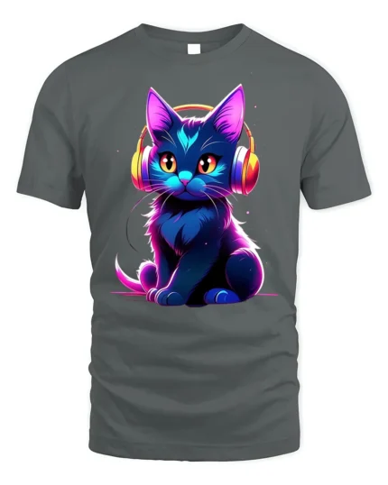 Neon Cat T-shirt with Headphones Graphic Art - gray t-shirt on white background