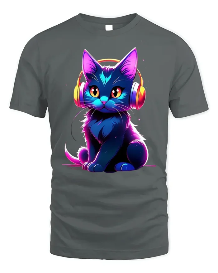 Neon Cat T-shirt with Headphones Graphic Art - gray t-shirt on white background