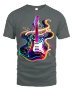 Neon Electric Guitar T-shirt with Vibe Swirl Art - gray t-shirt on white background