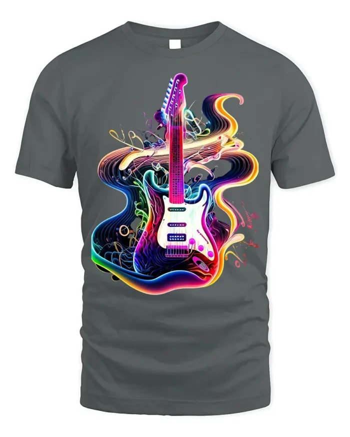 Neon Electric Guitar T-shirt with Vibe Swirl Art - gray t-shirt on white background