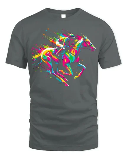 Colorful Horse Racing T-shirt with Neon Art - gray t-shirt on white background