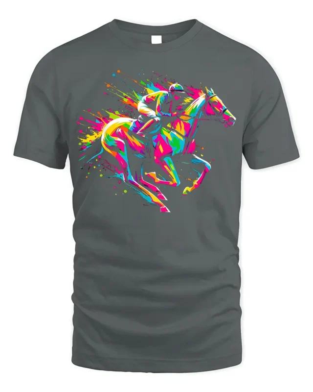 Colorful Horse Racing T-shirt with Neon Art - gray t-shirt on white background