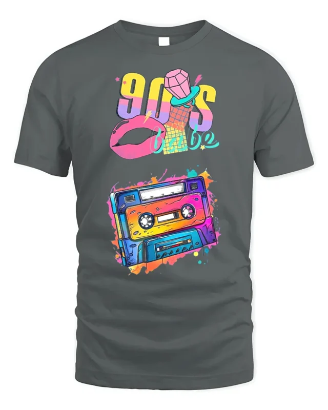 90s Cassette T-shirt with Retro Babe Vibe Art - gray t-shirt on white background