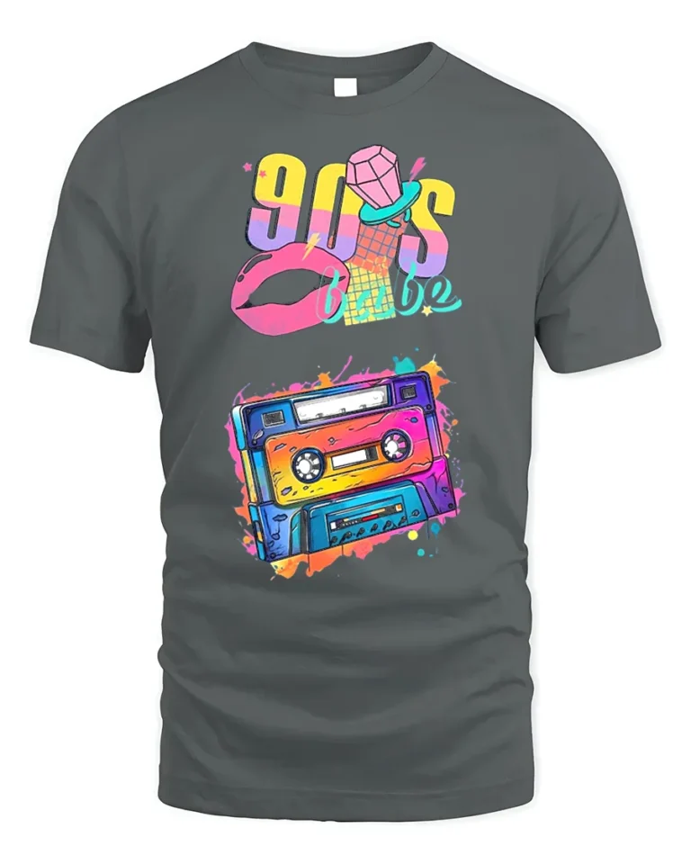 90s Cassette T-shirt with Retro Babe Vibe Art - gray t-shirt on white background