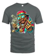 Cartoon Money Rapper T-shirt with Gold Bling Art - gray t-shirt on white background