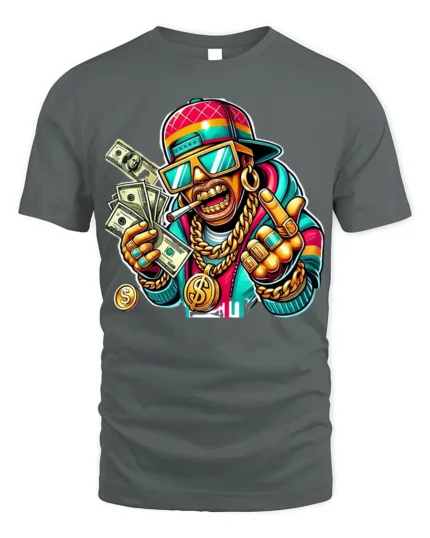 Cartoon Money Rapper T-shirt with Gold Bling Art - gray t-shirt on white background