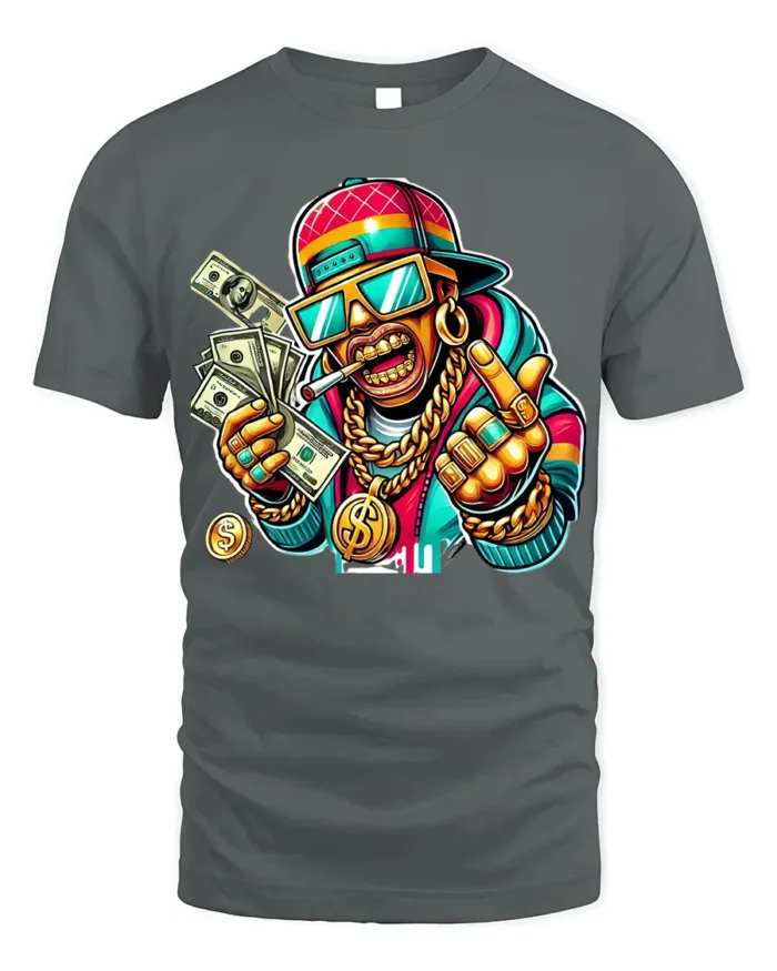 Cartoon Money Rapper T-shirt with Gold Bling Art - gray t-shirt on white background