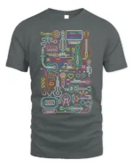 Neon Music Instrument T-shirt with Line Art Design - gray t-shirt on white background