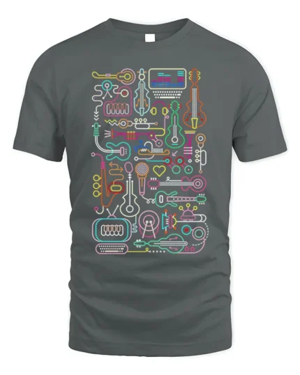Neon Music Instrument T-shirt with Line Art Design - gray t-shirt on white background