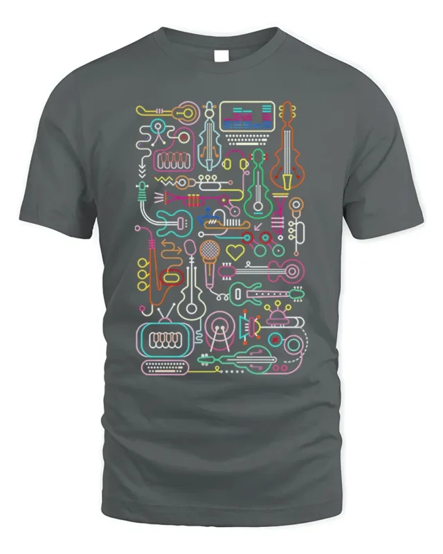Neon Music Instrument T-shirt with Line Art Design - gray t-shirt on white background