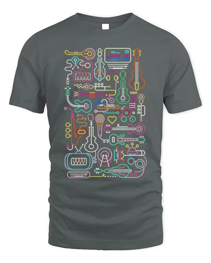 Neon Music Instrument T-shirt with Line Art Design - gray t-shirt on white background