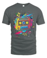 Colorful Cassette T-shirt with Music Note Splash - gray t-shirt on white background