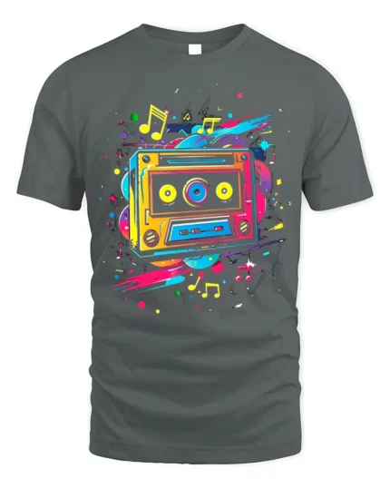 Colorful Cassette T-shirt with Music Note Splash - gray t-shirt on white background