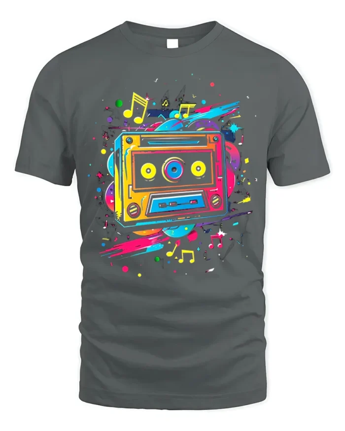 Colorful Cassette T-shirt with Music Note Splash - gray t-shirt on white background