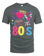 I Love the 80s T-shirt with Retro Icons Graphic - gray t-shirt on white background