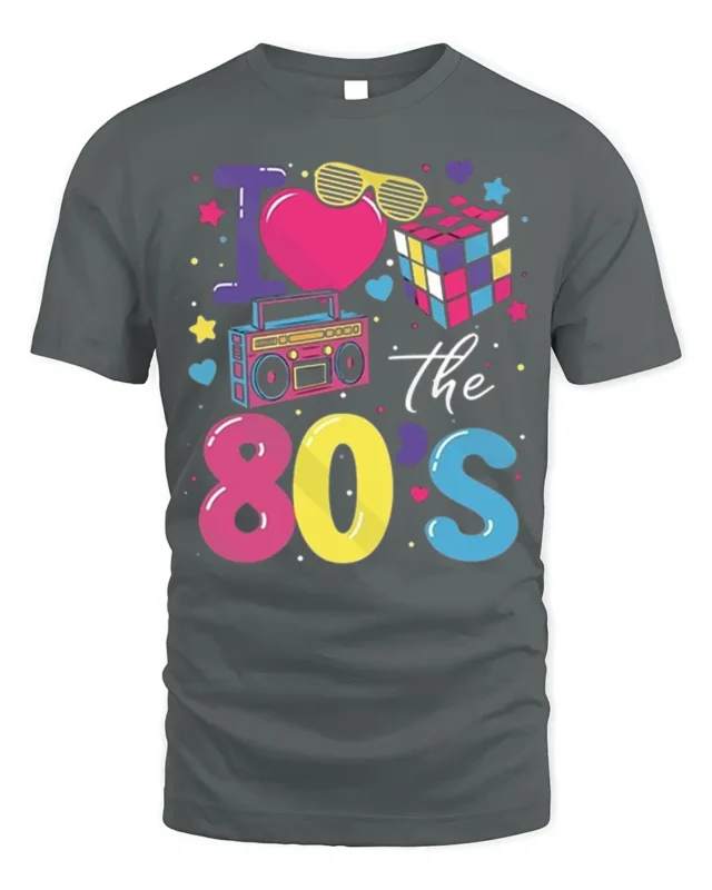 I Love the 80s T-shirt with Retro Icons Graphic - gray t-shirt on white background