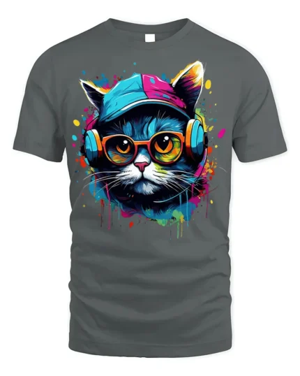 Cool Hip Hop Cat T-shirt with Headphones - gray t-shirt on white background