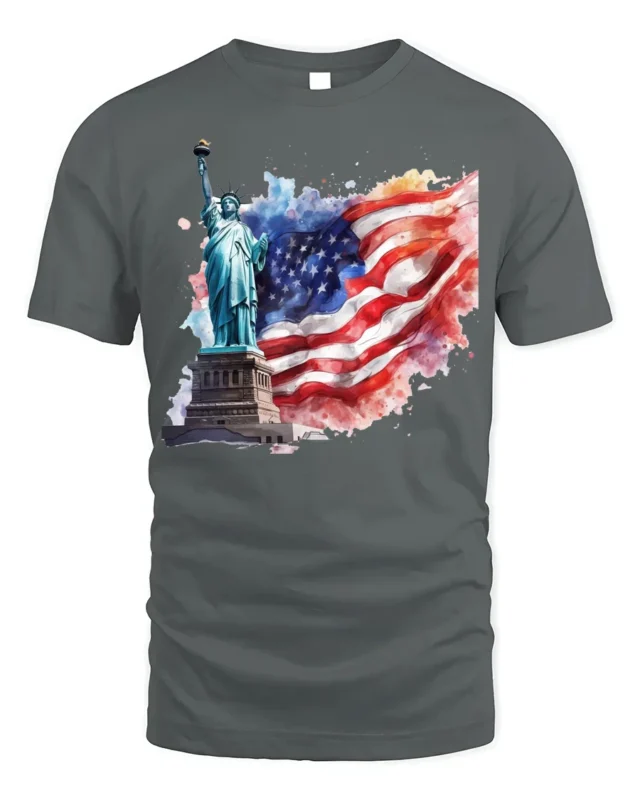 Statue of Liberty T-shirt with USA Flag Art - gray t-shirt on white background